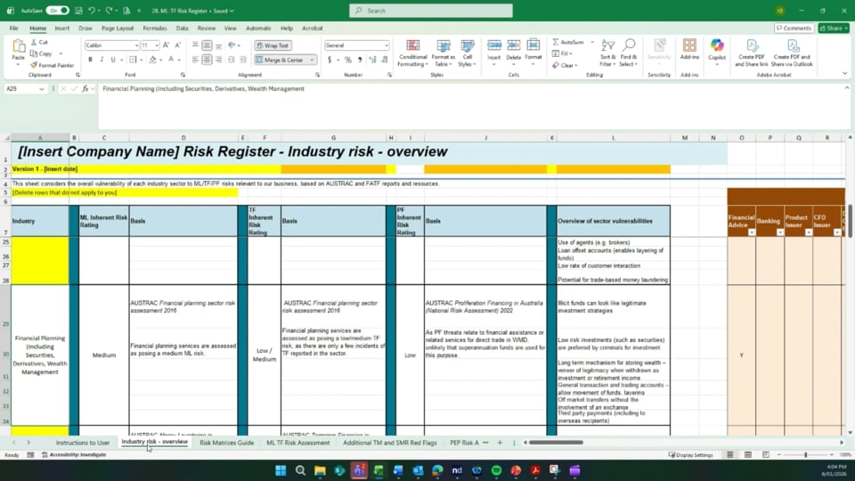 AML Program Tool Guide – Part 1 – Customising Tool 2A